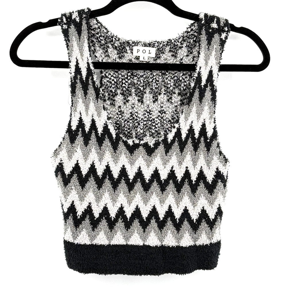 POL Chevron Pattern Tank Women's L Y2K Black‎ Gray White Fuzzy Texture Zig Zag